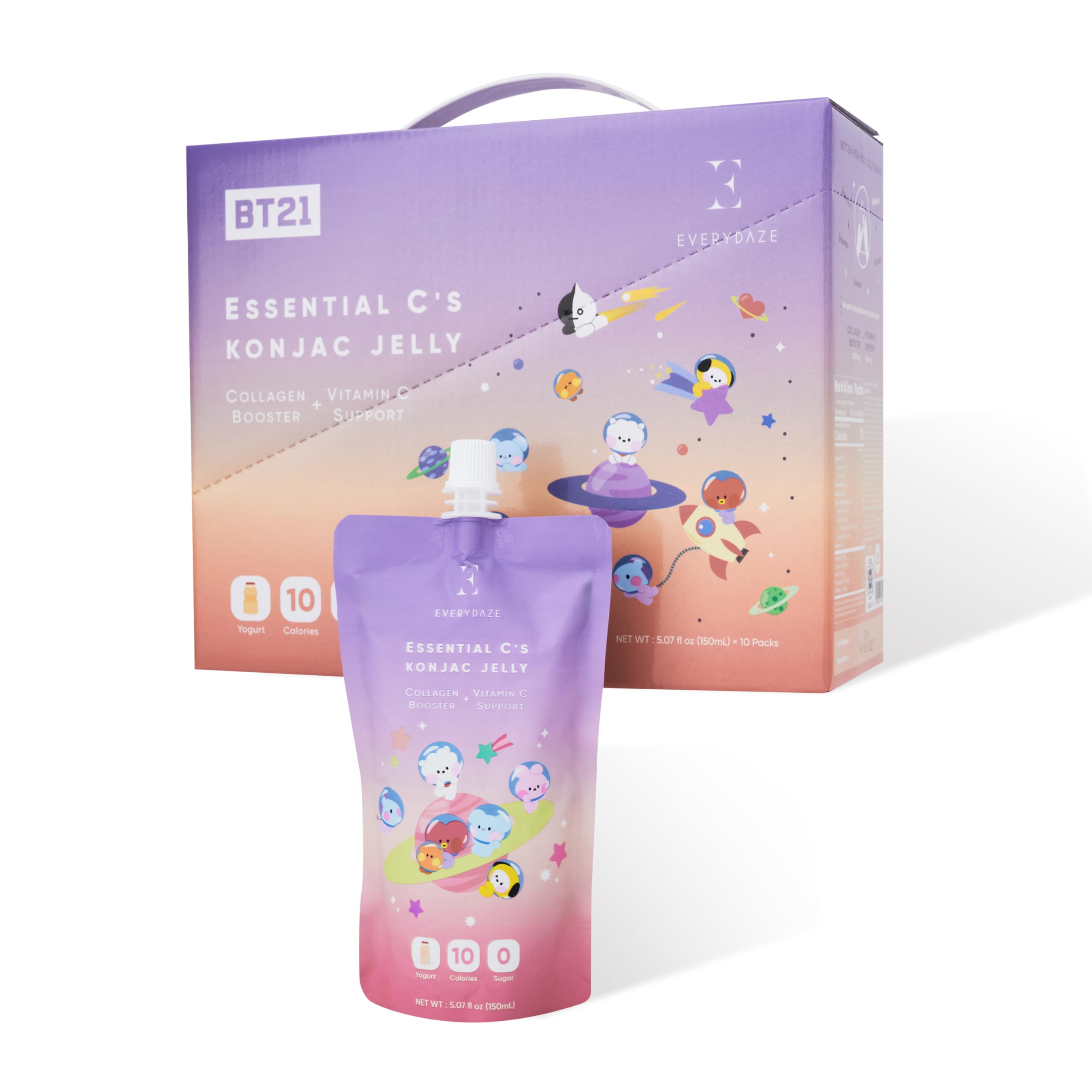 EVERYDAZE BT21 Essential C’s Konjac Jelly | Yogurt | Plant-Based Collagen Booster | Gluten Free, Sugar Free, Low Calorie | Healthy Drinkable Fruit Snack | 10 Pack Box Food Drink Pouch