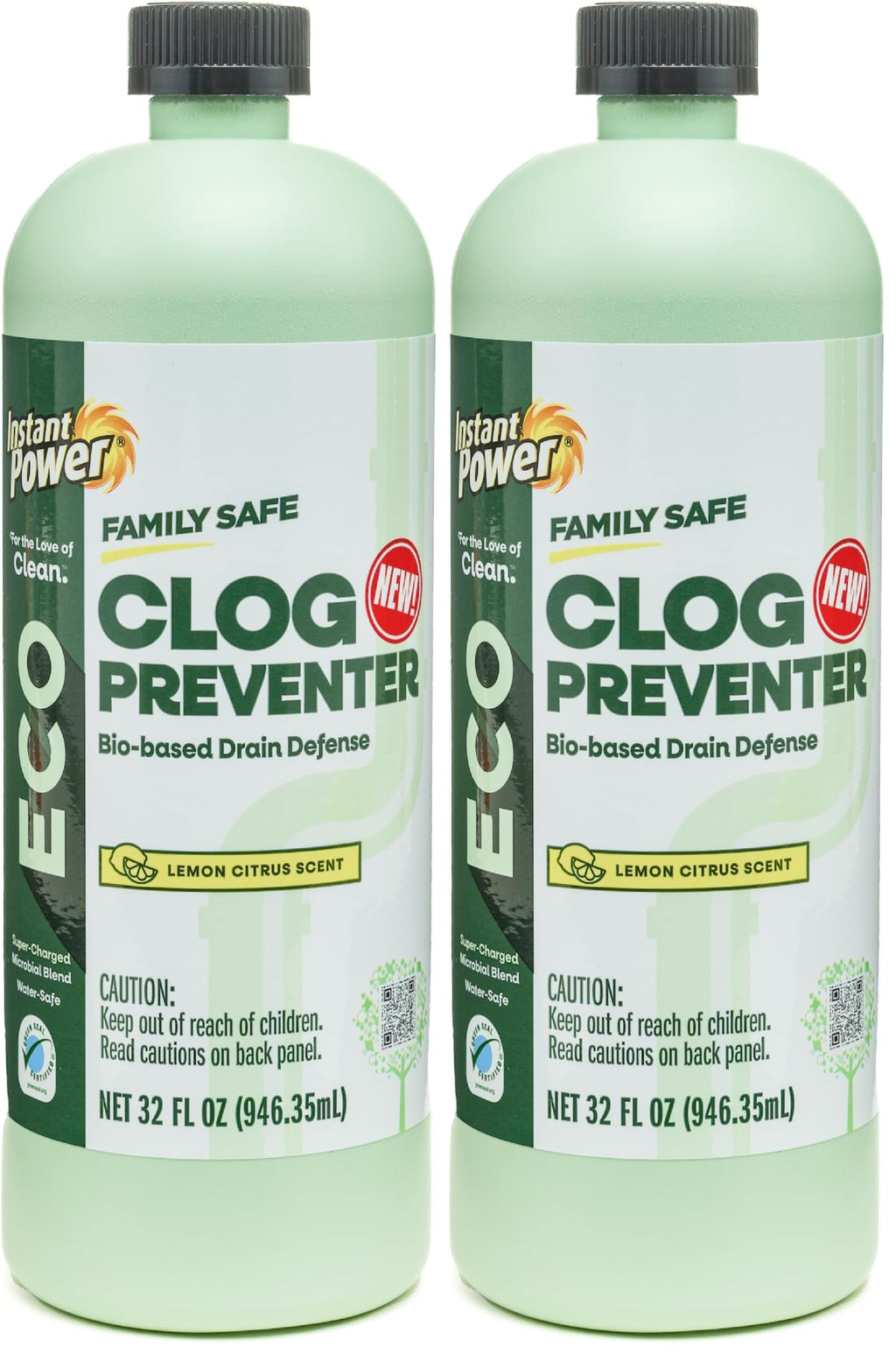 Instant Power Eco Clog Preventer - Enzyme Drain Cleaner Liquid and Deodorizer for Sink, Shower, Toilet, Garbage Disposal Cleaner, Bio-Based Drain Defense, Smell Remover and Odor Eliminator - 32 fl oz