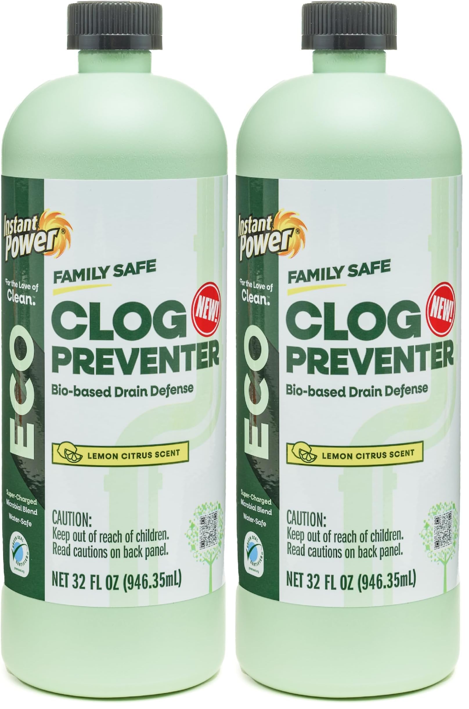 Instant Power Eco Clog Preventer - Enzyme Drain Cleaner Liquid and Deodorizer for Sink, Shower, Toilet, Garbage Disposal Cleaner, Bio-Based Drain Defense, Smell Remover and Odor Eliminator - 32 fl oz