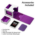 Mage Tech Card Deck Box for MTG Commander - Patented Design, Commander Display, Fits 100 Double-Sleeved Cards, 35pt Card Brick & Dice Tray - White/Purple