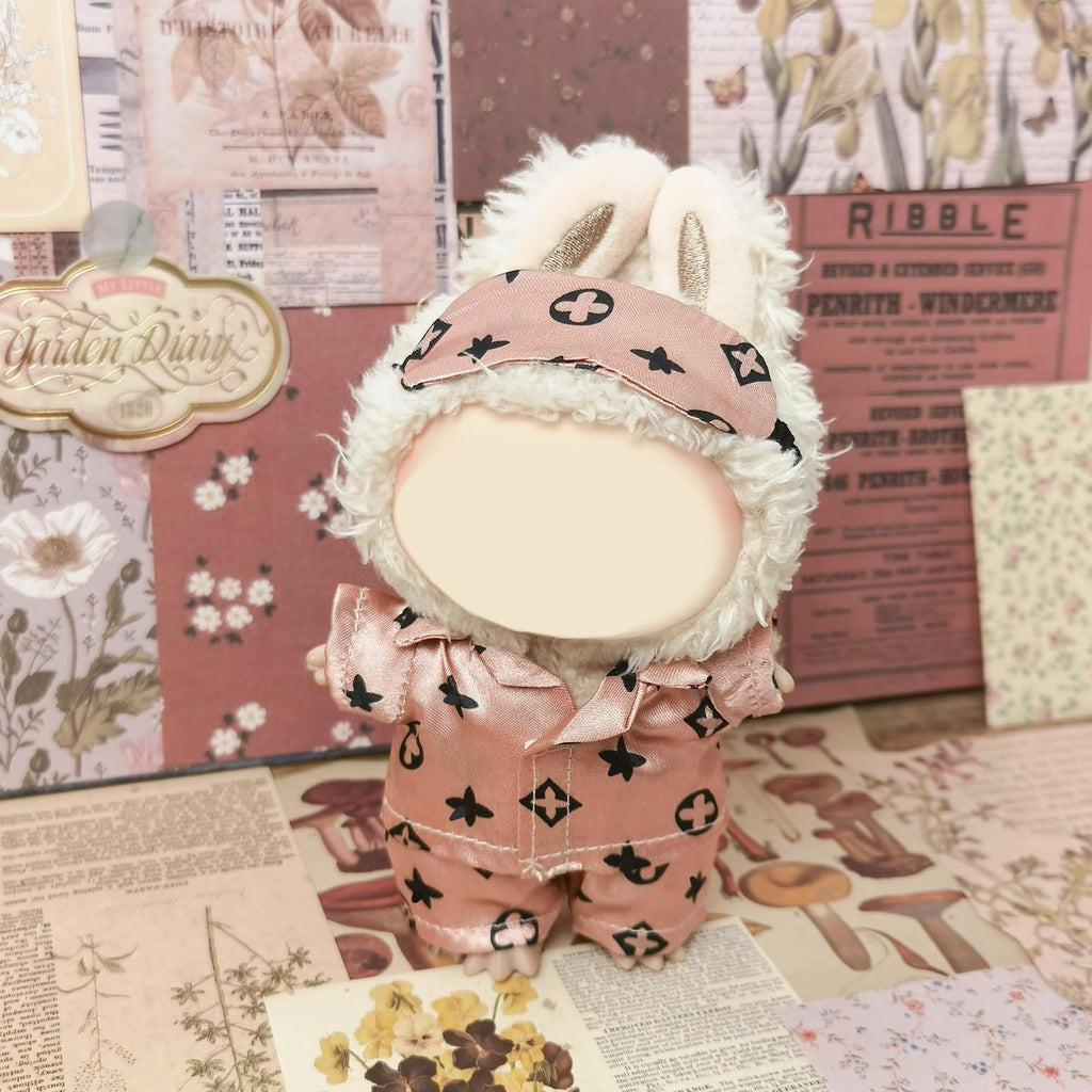 Clothes Compatible with LABUBU Doll - 3PCS Classic Set, 17cm Doll Clothes Designer Outfit for Cozy Night Theme, Stylish Luxury Pajama Accessories for Labubu, No Doll (Rosy Sleepwear Set)