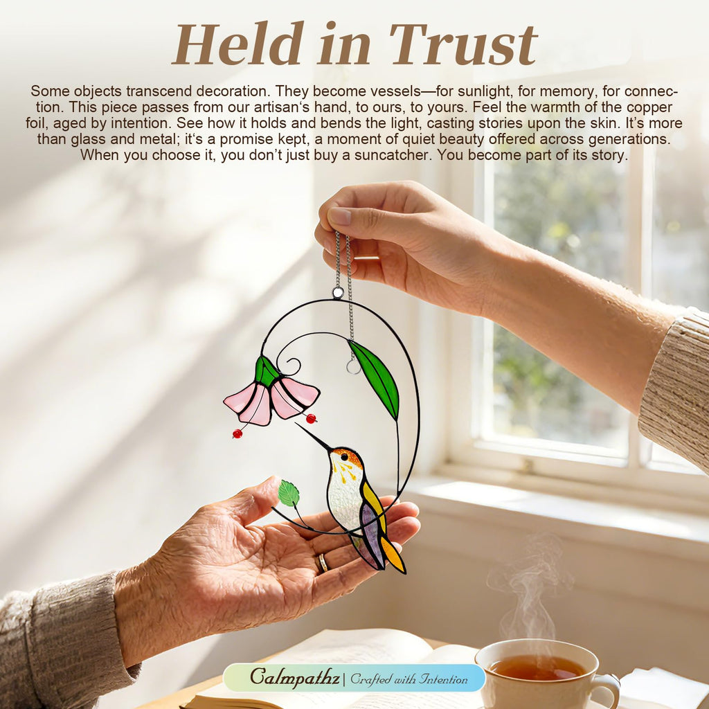 Handmade Tiffany Copper Foil Stained Glass Hummingbird Suncatcher - 8 Inch Real Glass Window Hanging with Flowers, Bird Safe Gift for Grandma, Mother, Women & Bird Lovers, Includes Suction Hooks