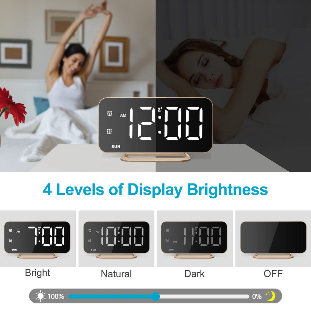 Slim LED Digital Alarm Clock, Mirror Surface for Makeup, with Diming, Large Display, Easy Setting, USB Charger Ports, Modern Bedroom, Desk, Office Living Room Decor, Christmas Birthday for Women Girl