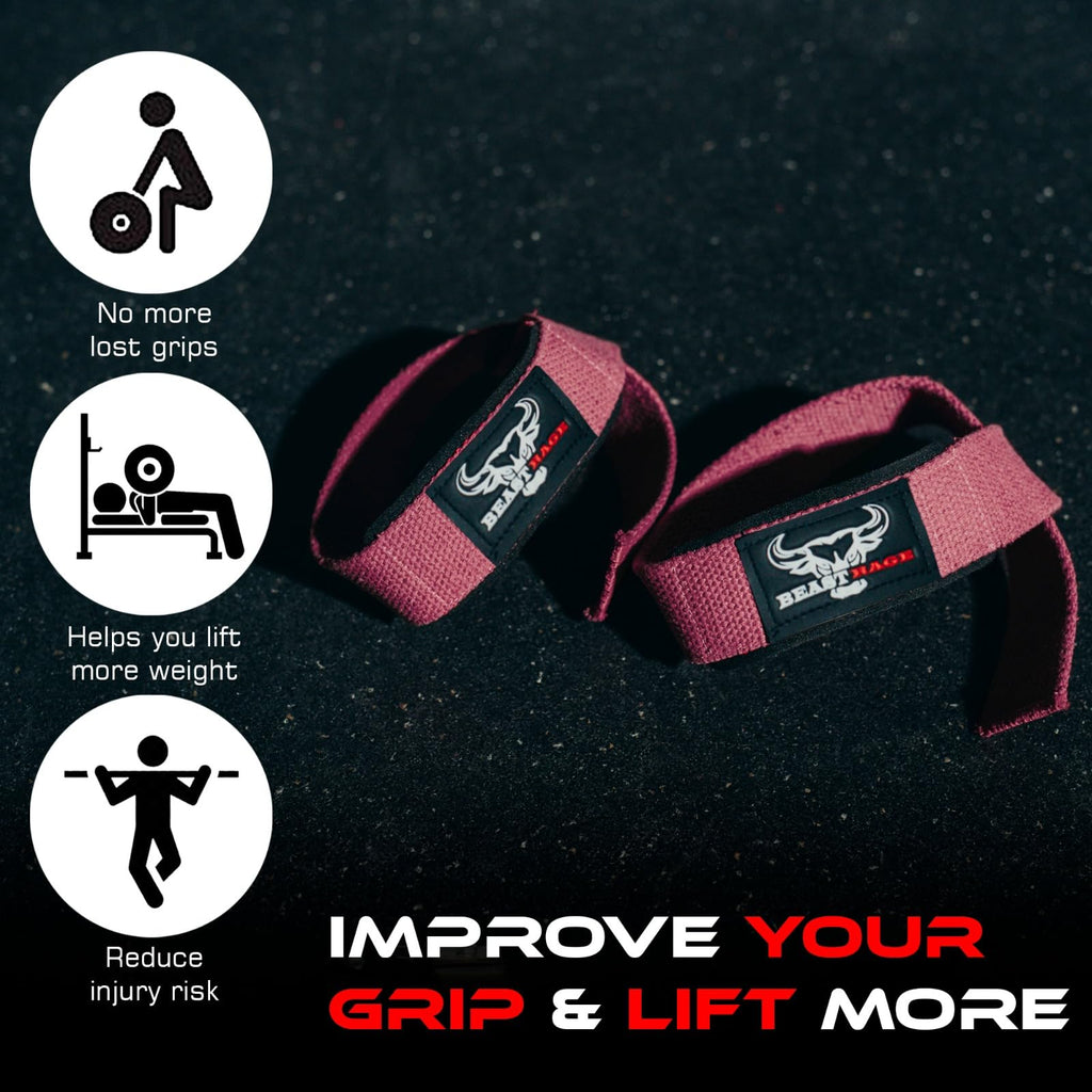 BEAST RAGE Lifting Wrist Straps for Weightlifting, Straps Gym Grip Power Workouts Lifting Straps Padded Cotton Men Women Wrap Lift, Deadlift Bodybuilding Weight Lifting Exercise Straps (Pink)