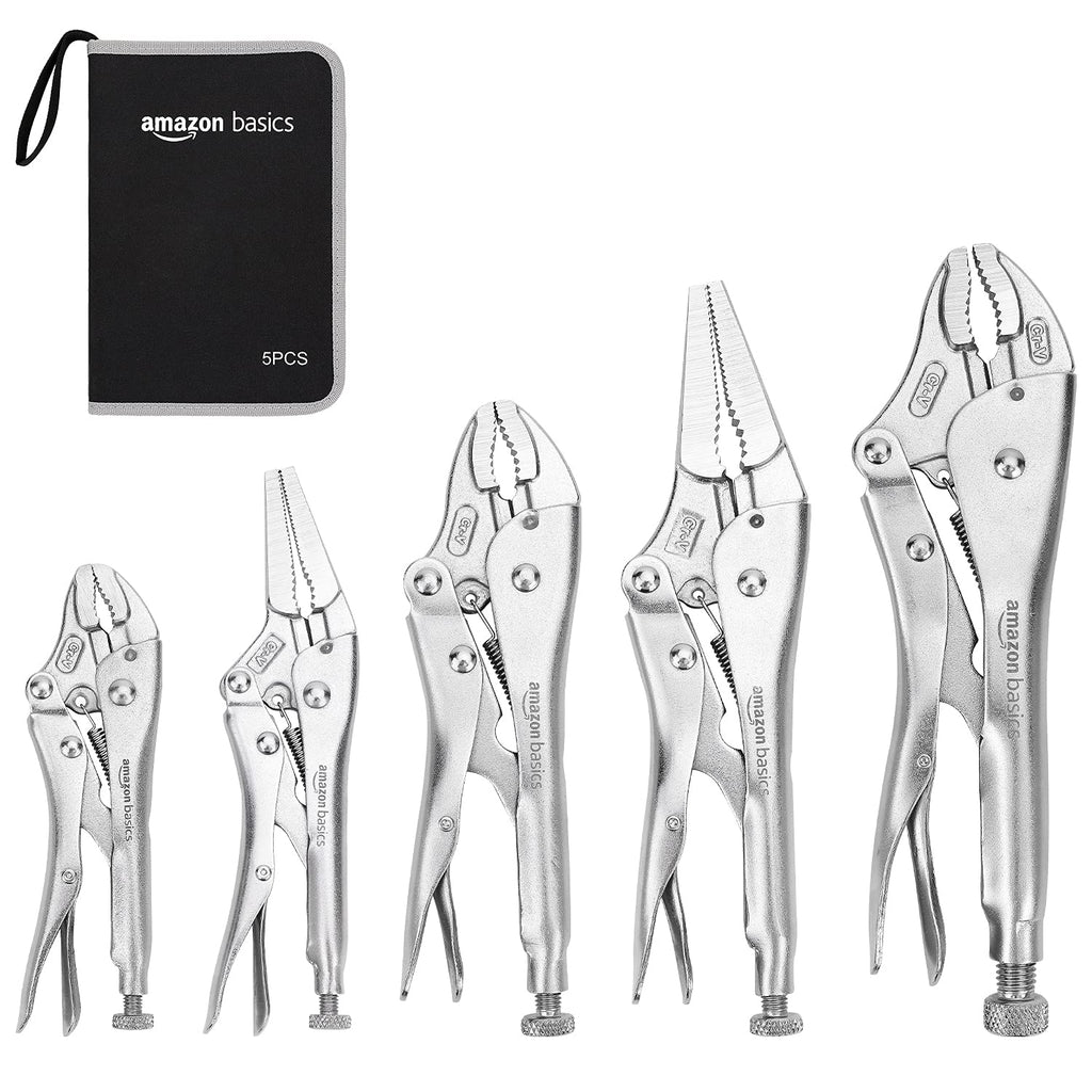 Amazon Basics 5-Piece CR-V Locking Pliers Set with Wire Cutters, 2 Straight Jaw, 3 Curved Jaw, 6.5-10 inch, Silver, Carrying Case