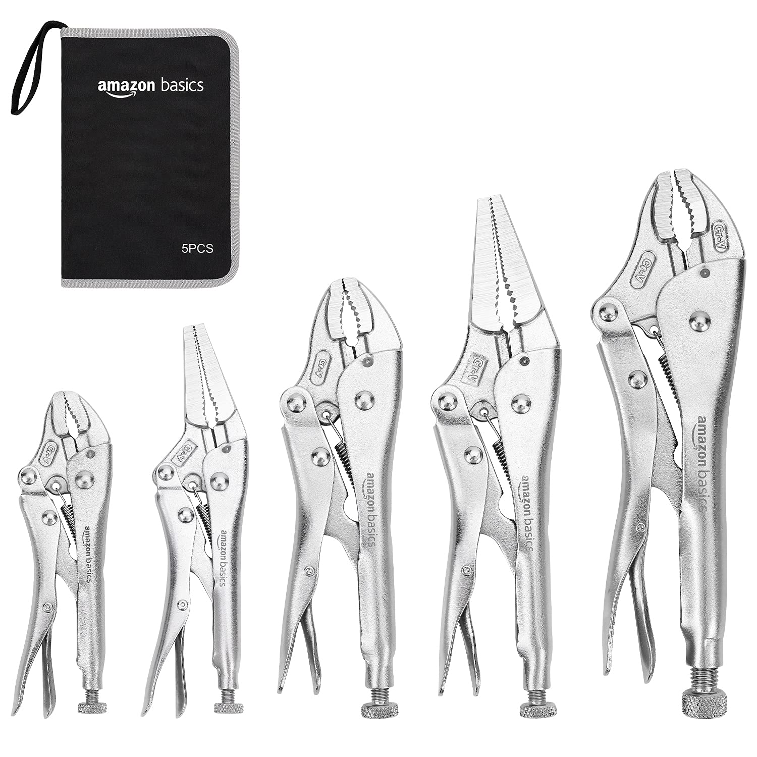Amazon Basics 5-Piece CR-V Locking Pliers Set with Wire Cutters, 2 Straight Jaw, 3 Curved Jaw, 6.5-10 inch, Silver, Carrying Case
