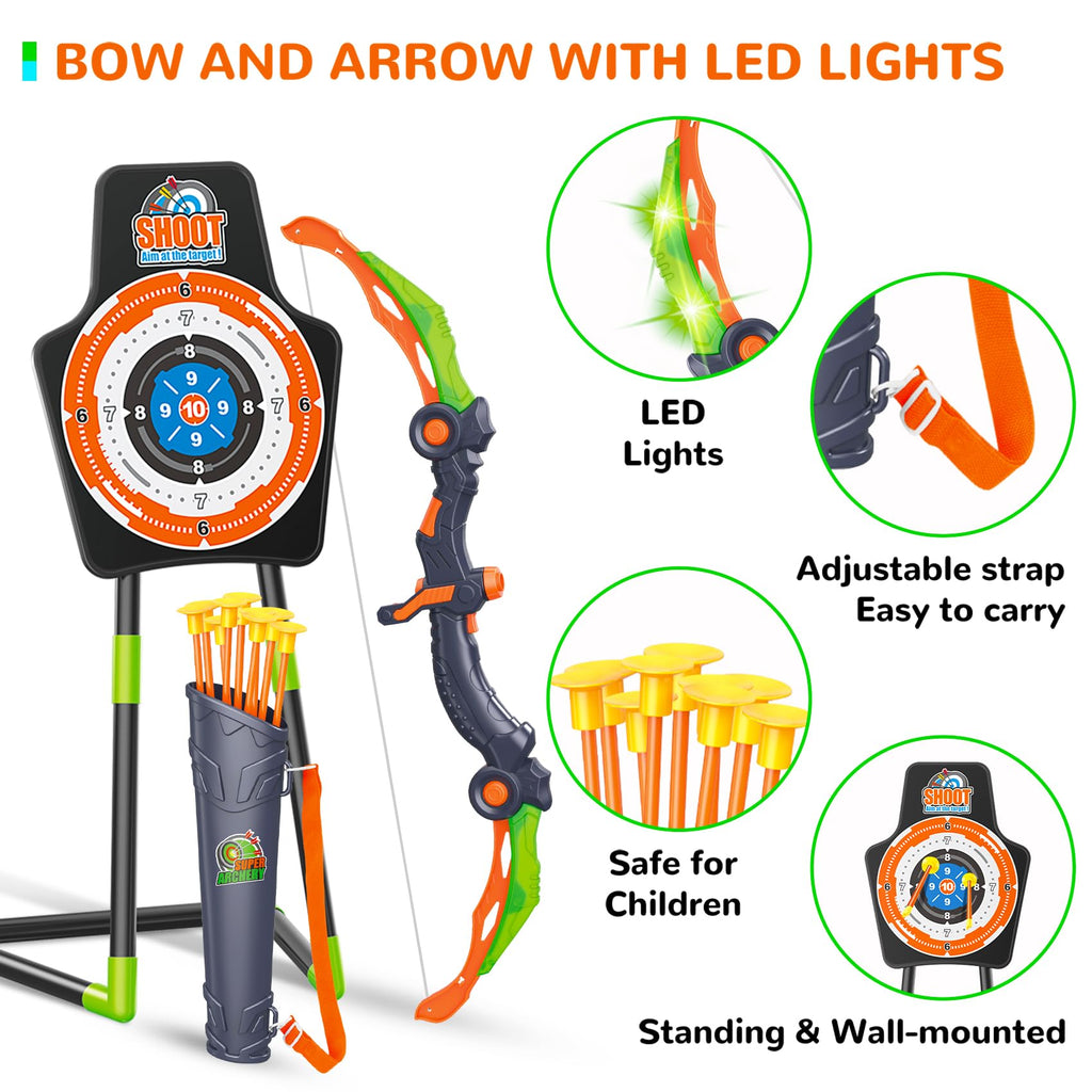 Bow and Arrow Toys for Kids, 2 Pack LED Light Up Archery Set Outdoor Indoor