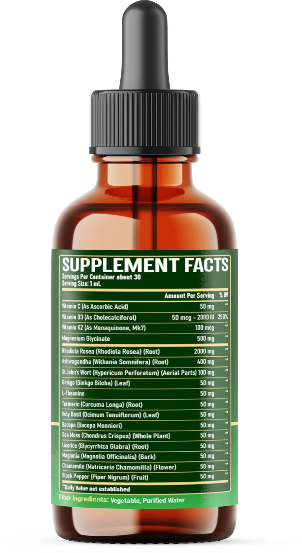 17in1 Rhodiola Rosea Liquid Supplement with Ashwagandha, Magnesium Glycine, L-Theanine, Vitamin C, Vitamin D3, Vitamin K2, Ginkgo, Turmeric, Holy Basil and More - 1 FL Oz - 60 Day Supply