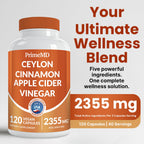 5-in-1 Ceylon Cinnamon Capsules 2355mg - Ceylon Cinnamon and Apple Cider Vinegar with Turmeric, Panax Ginseng, Cinnamon, and Bioperine, 120 ct
