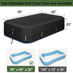 QH.HOME 90"x60" Rectangular Pool Cover for Inflatable Pool,Black Oxford Fabric Heats Water, Blocks Leaves & Sun, Windproof Snug Fit with Patented Ratchet & Weight Rings