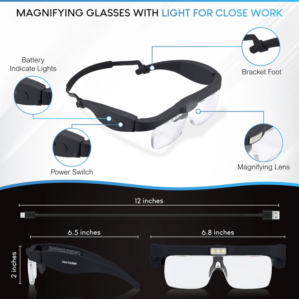 Magnifying Glass with Light, Magnifying Glasses with 5 Detachable Lenses 0.75X-4.0X, Rechargeable Magnifier Headset with 3 LED Lights, Head Magnifier Glasses for Close Work Crafts Jewelry Hobbies