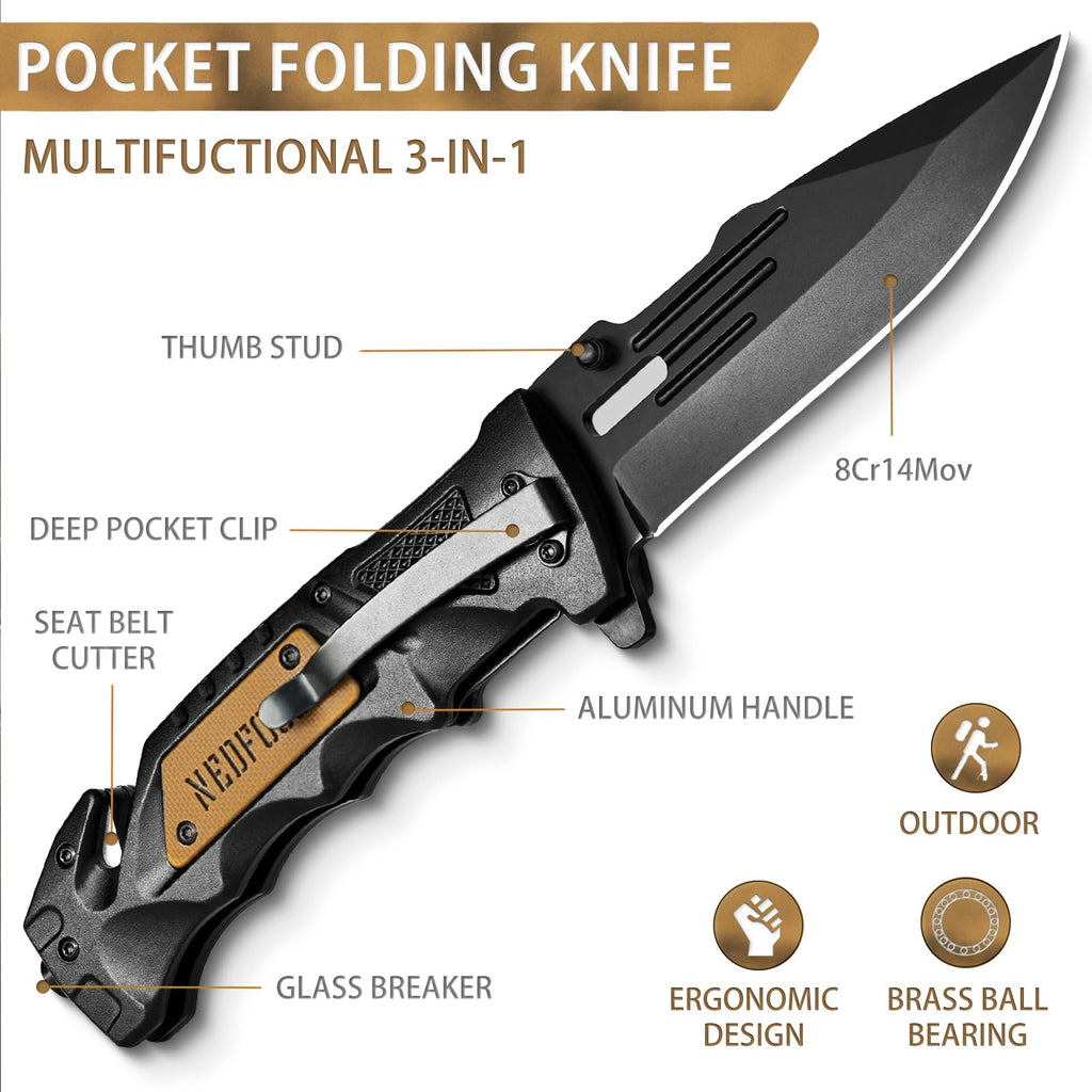 NedFoss Pocket Folding Knife DA75, 3 in 1 Pocket Knife Gifts for Men Women