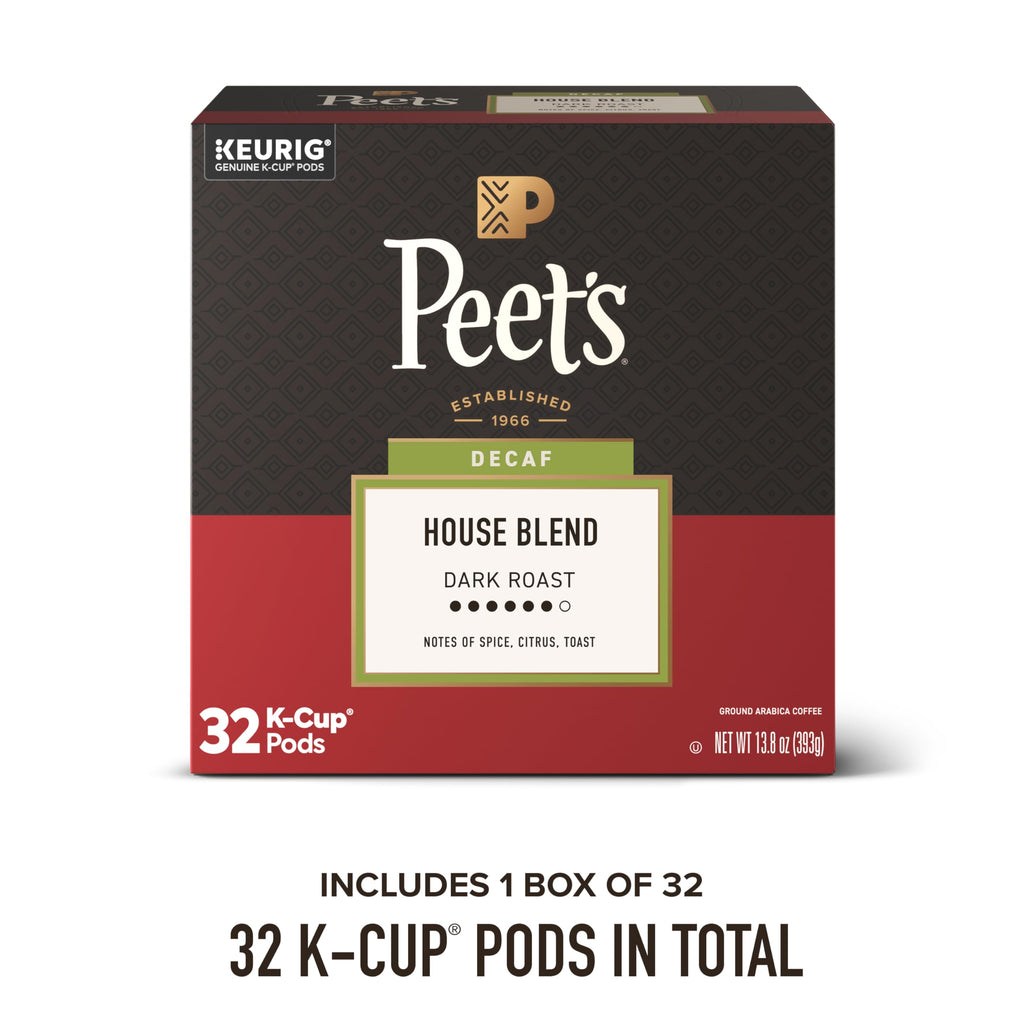 Peet's Coffee, Dark Roast Decaf Single Serve Coffee Pods, 100% Arabica Coffee - Decaf House Blend 32 Count (1 Box of 32 Pods)
