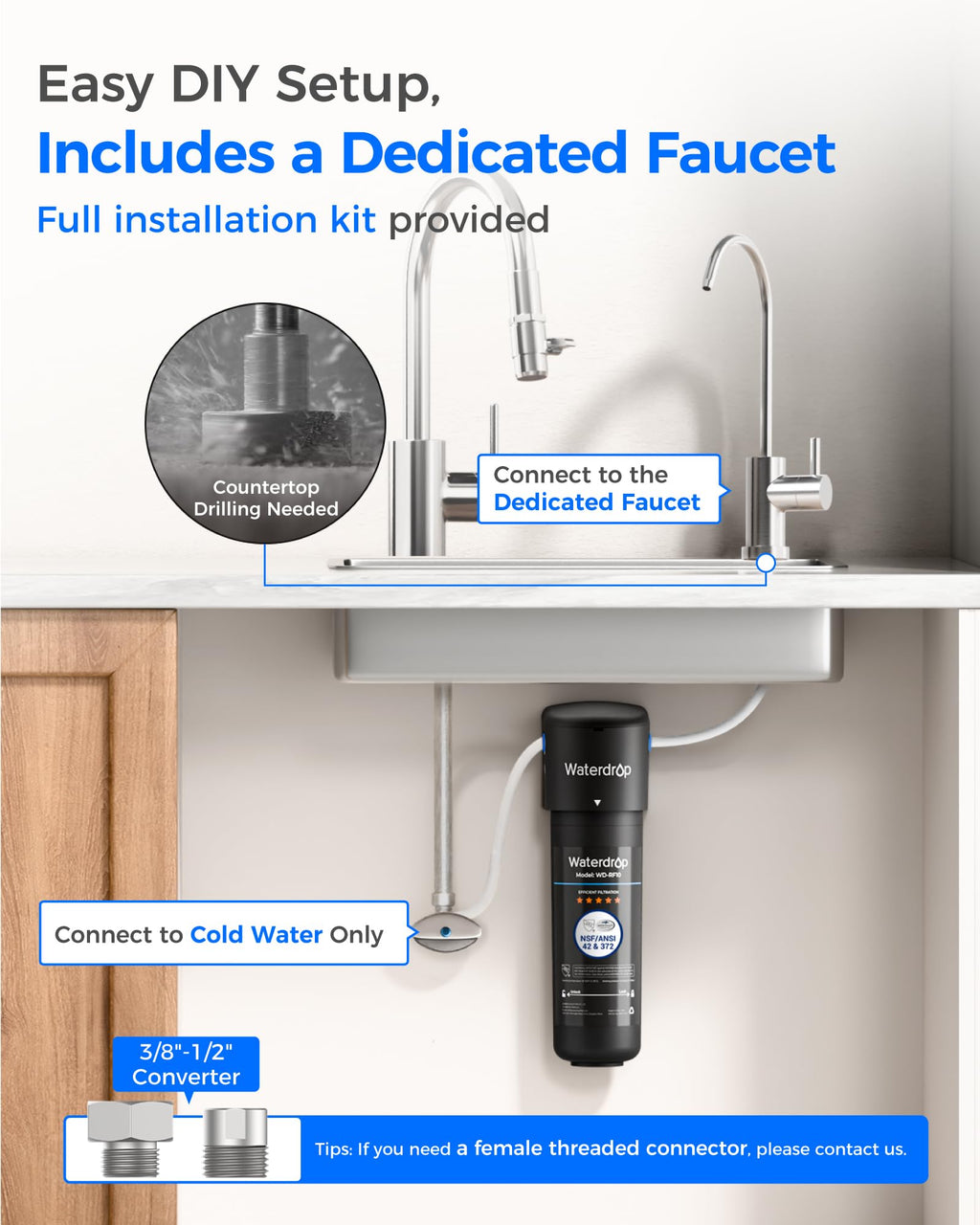 Waterdrop 10UB Under Sink Water Filter System, Reduces PFAS, PFOA/PFOS, Lead, Chlorine, Bad Taste & Odor, NSF/ANSI 42 Certified, Under Sink Water Filter with Faucet, 1 Year