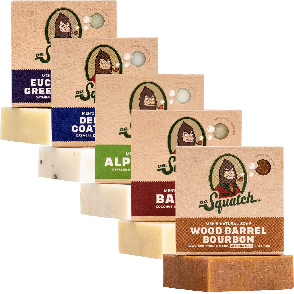 Dr. Squatch Natural Men’s Bar Soap - Cold Process Body Soap Bar with Natural Oils - Gifts for Men - Deep Sea Goat's Milk, Wood Barrel Bourbon, Eucalyptus Greek Yogurt & more (5 oz, 5-Pack)