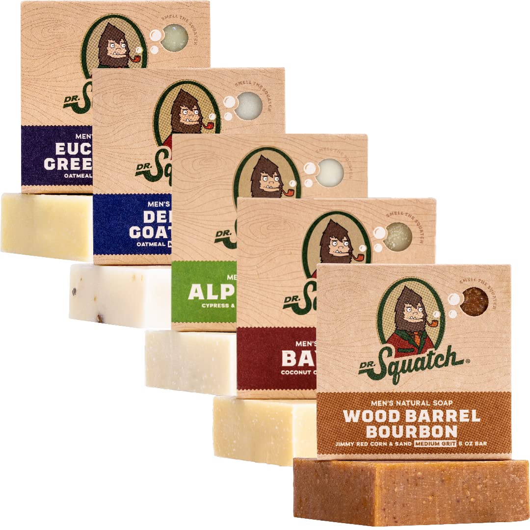 Dr. Squatch Natural Men’s Bar Soap - Cold Process Body Soap Bar with Natural Oils - Gifts for Men - Deep Sea Goat's Milk, Wood Barrel Bourbon, Eucalyptus Greek Yogurt & more (5 oz, 5-Pack)