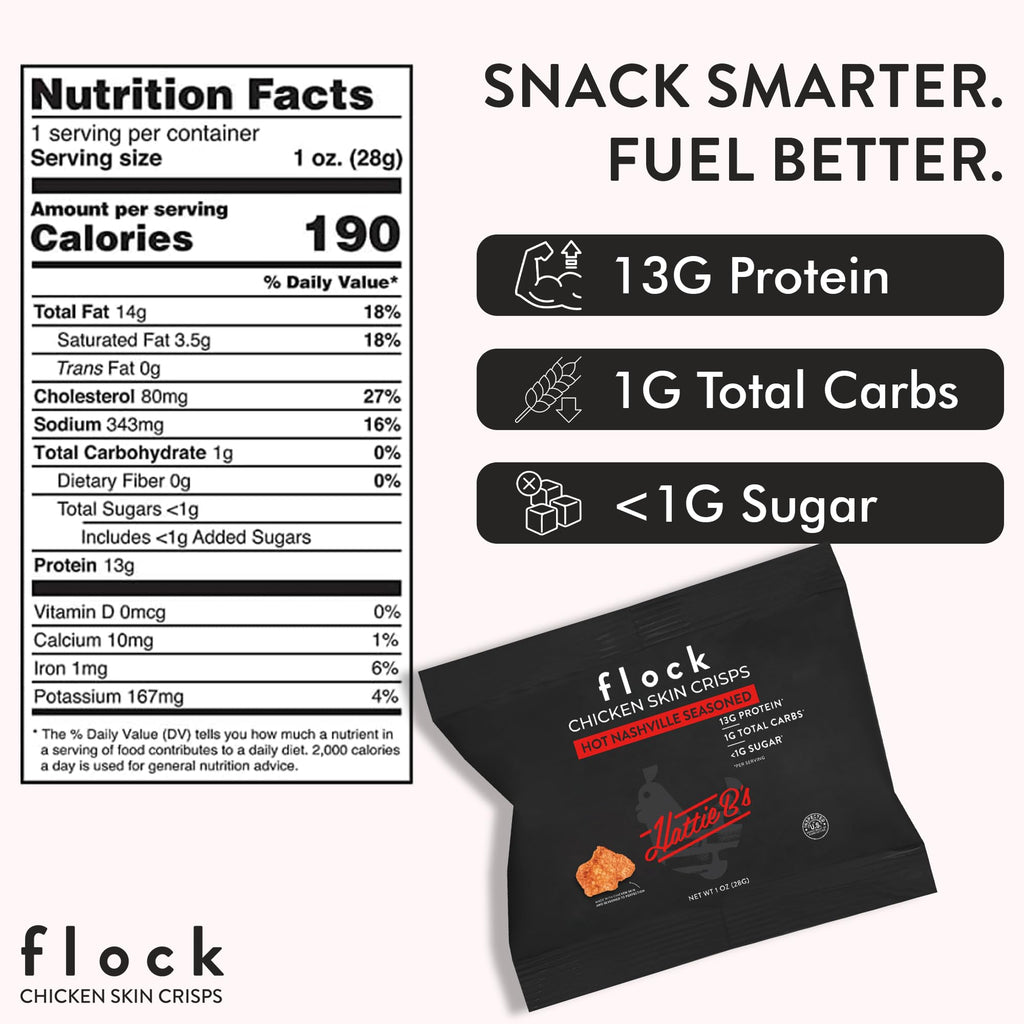Flock Keto Chicken Skin Chips | Hattie Bs Nashville Hot Flavor | Keto Friendly, Low Carb, High Protein, Flavor Packed, Gluten Free Single Serve Snack | (2.5oz) 4-Pack
