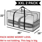 68.5 GAL 2 Pack XXL Jumbo Extra Large Heavy Duty Stronger Handles Storage Bags Moving Totes Zippered Reusable Wrap Around Handle Storage Totes (Translucent/Semi-Transparent)
