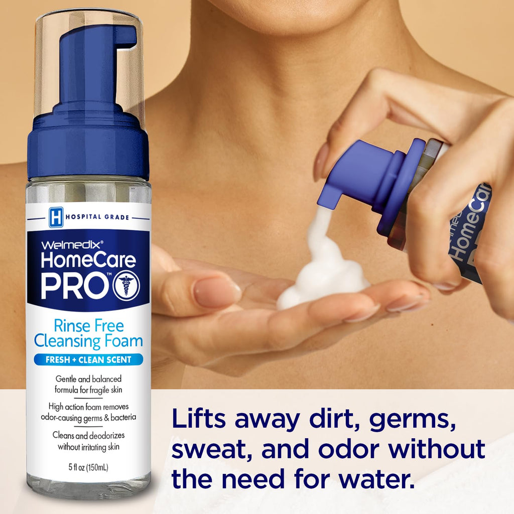 Welmedix HomeCare PRO No Rinse Body Wash Cleansing Foam, Easier Cleansing for Caregivers Managing Incontinence, Pressure ulcers, bedsores + use with Adult Wipes, Disposable washcloth (5oz)