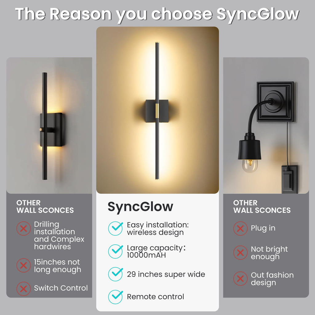 Battery Operated Wall Sconces Set of Two, 10000mAh Rechargeable Wall Lights with Remote Control, 360° Rotate Dimmable Black Gold LED Cordless Lighting for Bedroom, Living Room, Hallway, 29 Inch, 3CCT