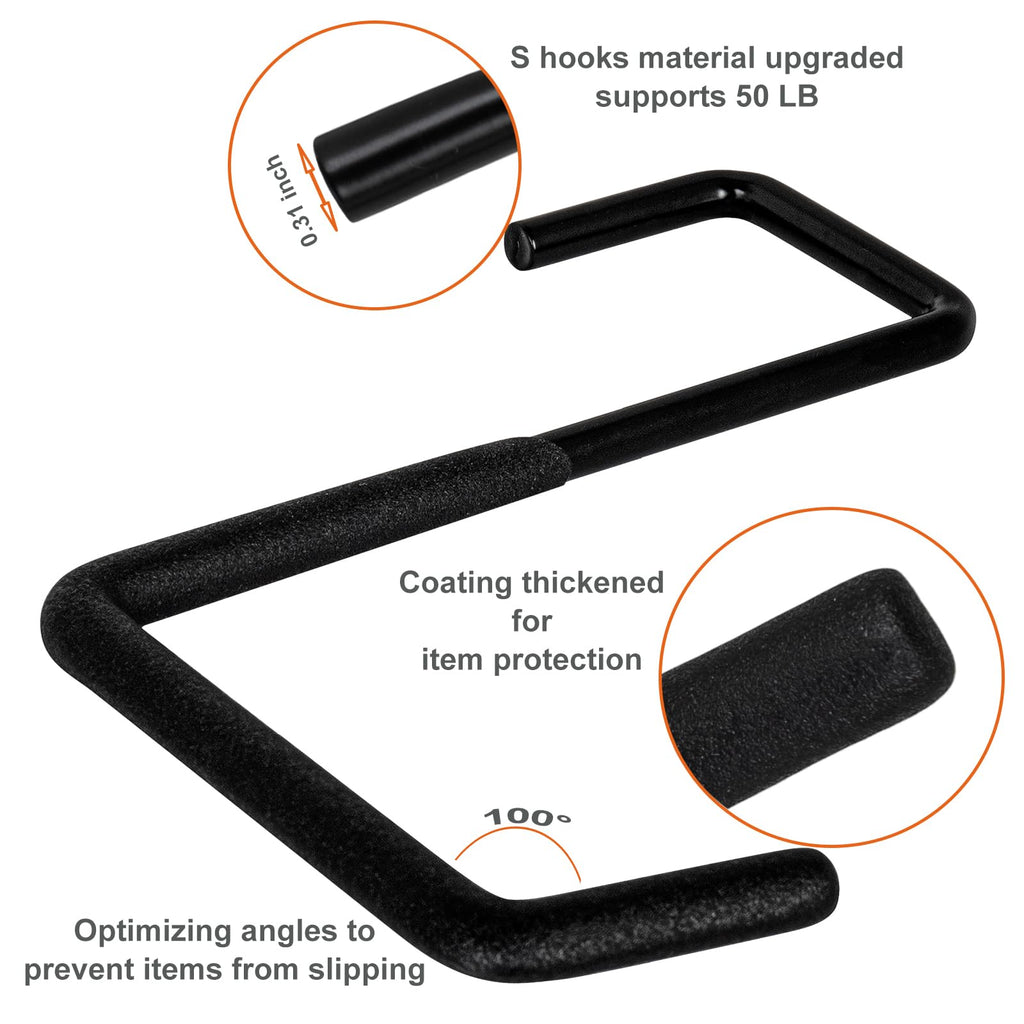 Gueryee 4 Pcs Rafter Hooks, Upgraded Fence Hangers, Heavy Duty Bike Hanger for Garage, Ladder Hook, Black Large S Hooks for Hanging Hose, Plants, Chairs, Bikes, Ladders, Cords and More