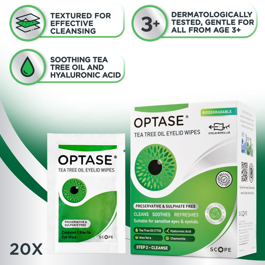 Optase Tea Tree Oil Eyelid Cleansing Wipes - Daily Hygiene & Relief from Blepharitis, Tired and Dry Eyes - 3x20 Pack