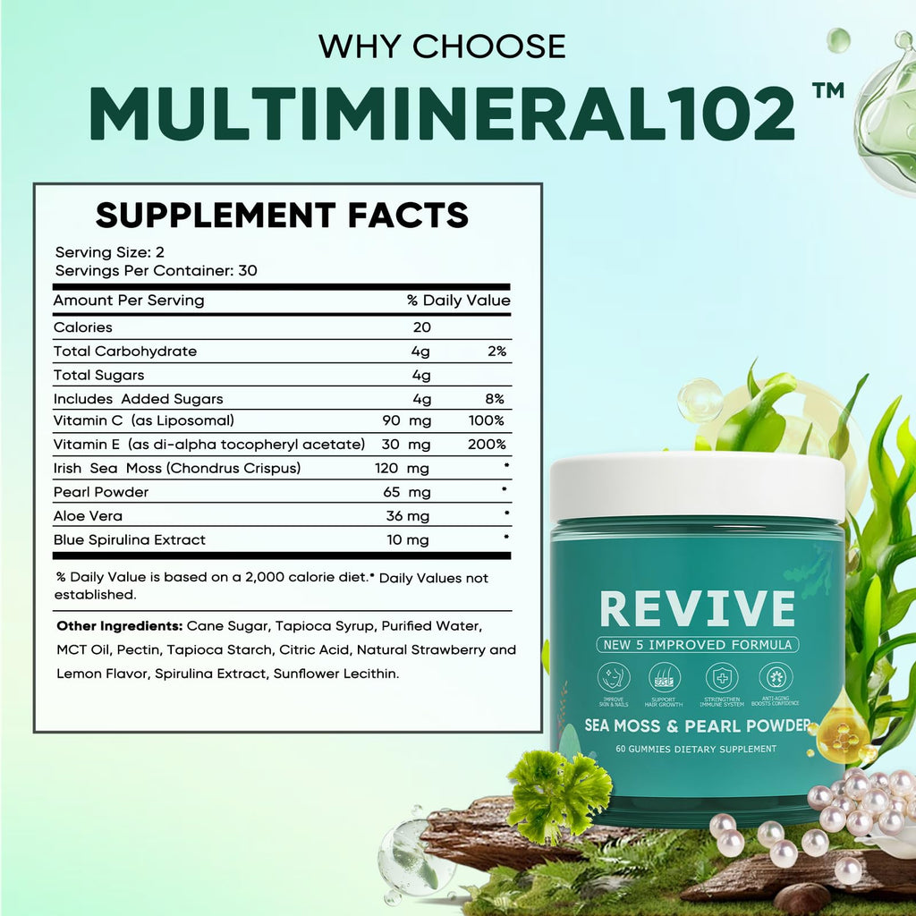 KLUNIZ Revive Hair Gummies, Balmbare Revive Gummies for Hair, Promotes Thicker, Fuller, Stronger Hair, with Organic Irish Sea Moss, Pearl Powder Glow, Vitamin C/E, Aloe Vera, 60 Count