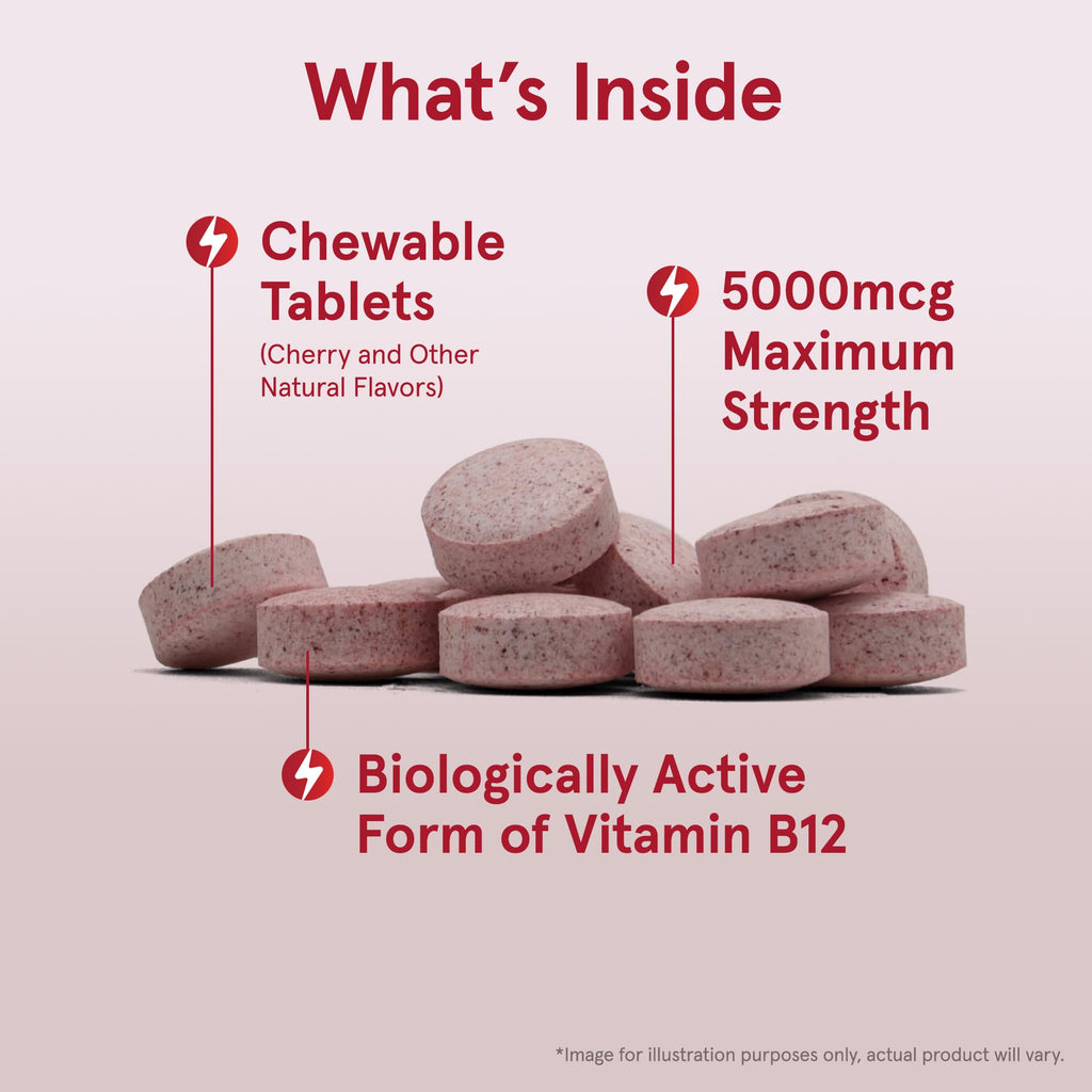 Jarrow Formulas Vitamin B12 5000 mcg - Maximum Strength for Cellular Energy and Brain Health, 90 Cherry Chewable Tablets, B12 Vitamins 5000 mcg