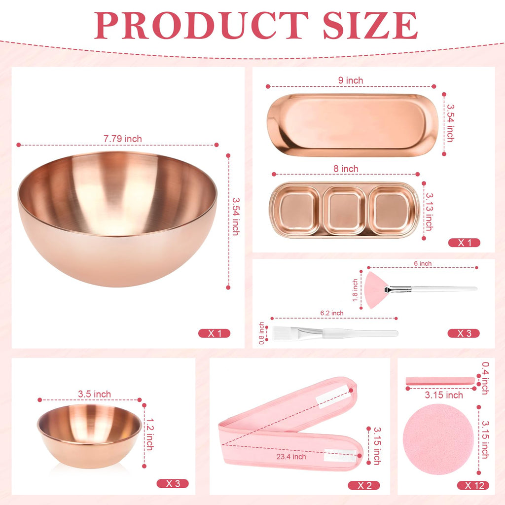 26 Rose Gold Esthetician Supplies Kits 3 Facial Bowls Large Spa Bowls 3 Fan Brushes Makeup 3 Face Mask Brushes Salon Tray 3 Section Skincare Tray 12 Face Sponge Compressed 2 Spa Headbands for Women