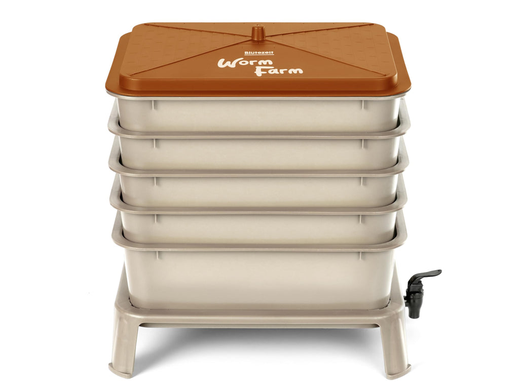 Blütezeit 5-Tray Worm Compost Bin, 53QT Outdoor & Indoor Worm Composter with Worm Farm Starter Kits for Home & Kitchen Recycling Food Waste (Gold)