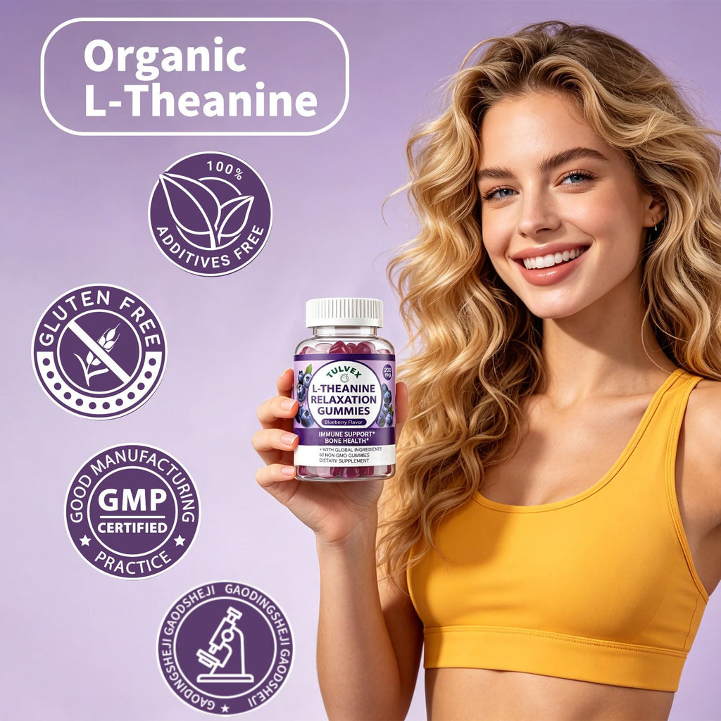 Tulvex L-Theanine Calm Gummies 200mg, Sugar-Free Liposomal L Theanine Supplement for Brain, Relax, Zzz, Stress,Fast-Acting Calm & Mood Support, Vitamin B6, Vegan,Non-GMO