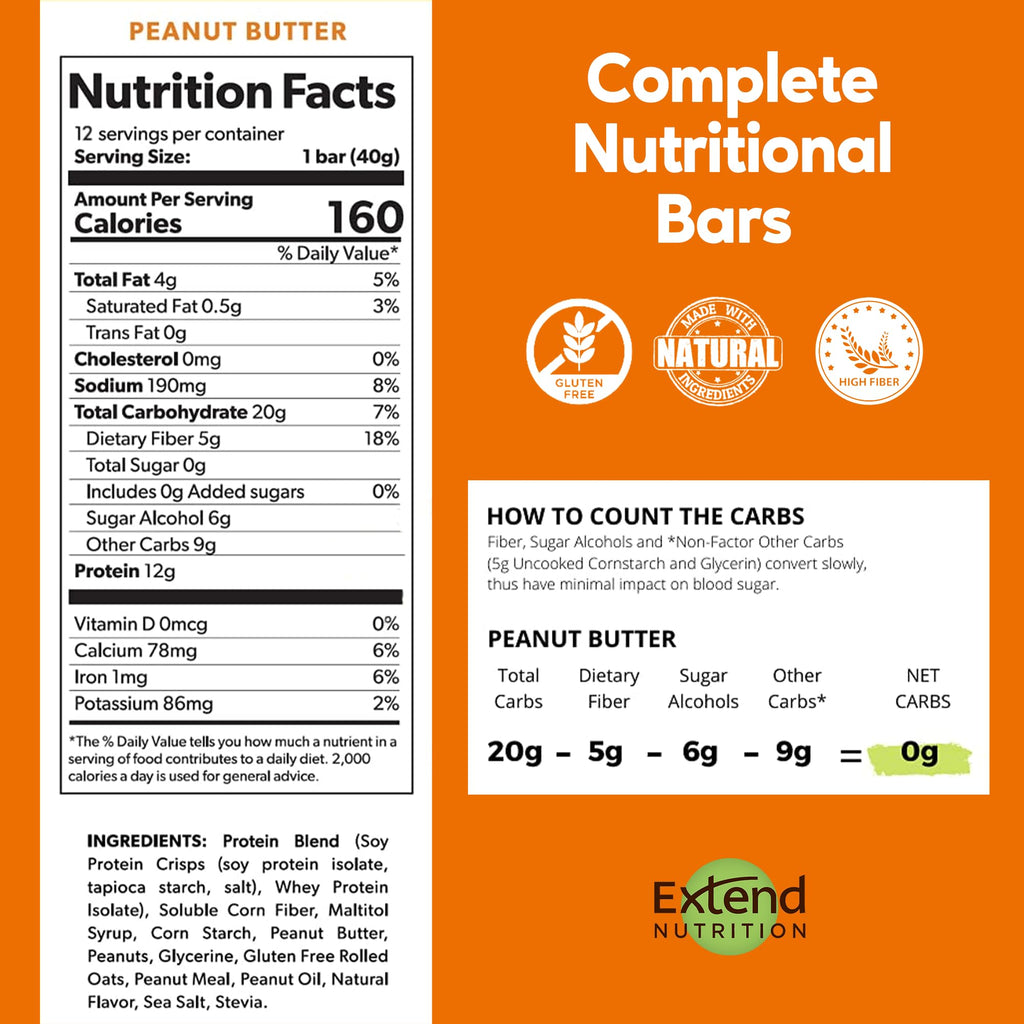 Extend Sugar Free Protein Bars, Perfect Diabetic Snacks, High Protein and Fiber, Hunger Control & Steady Energy, Low Carb, Keto Friendly (Peanut Butter)