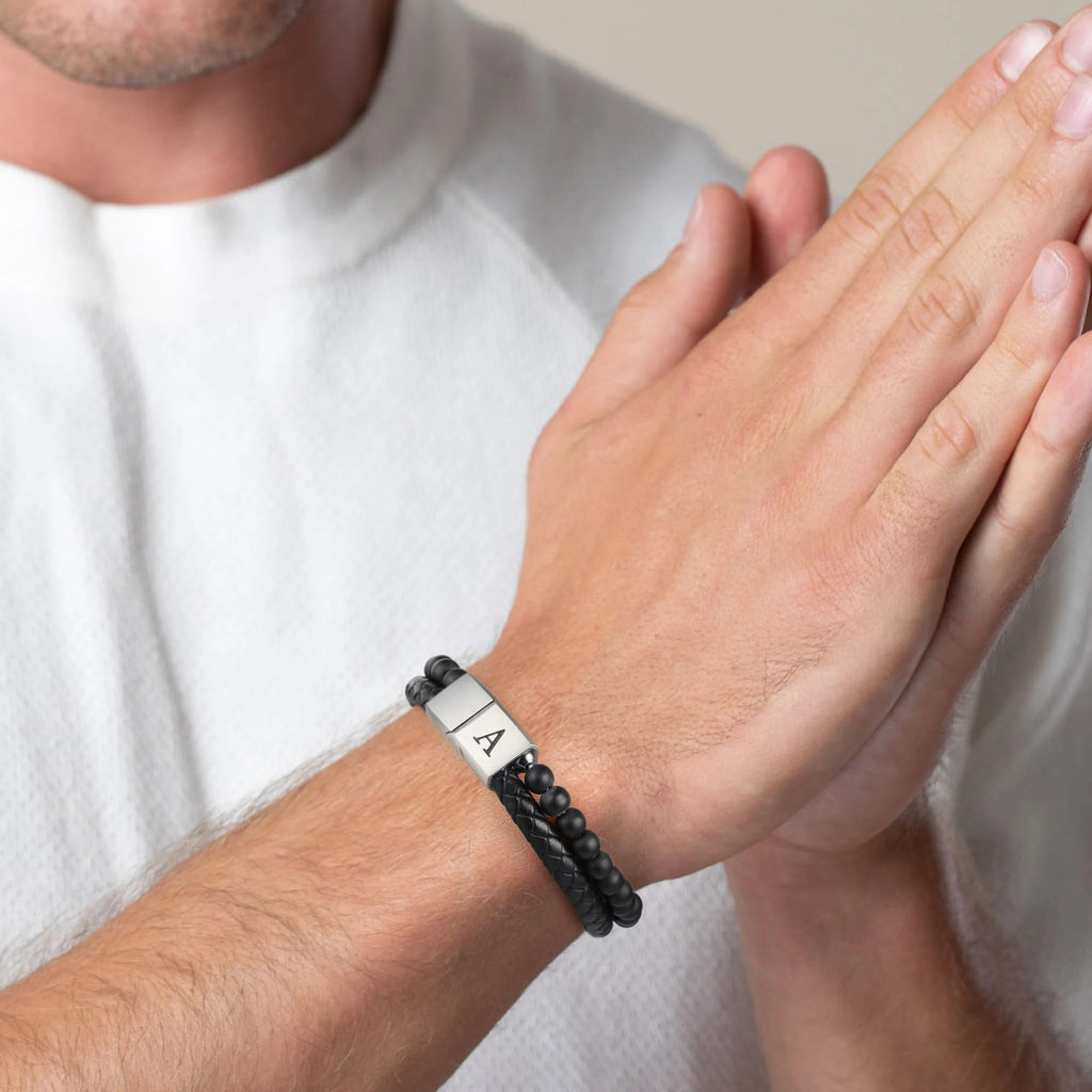 LUXEJEW Mens Bracelet - Leather Beaded Bracelets for Men Matte Agate Beads J Initial Bracelet for Mens Jewelry Fathers Day Ideas Gifts for Grandpa Dad Son Birthday Gifts for Men Husband Boyfriend