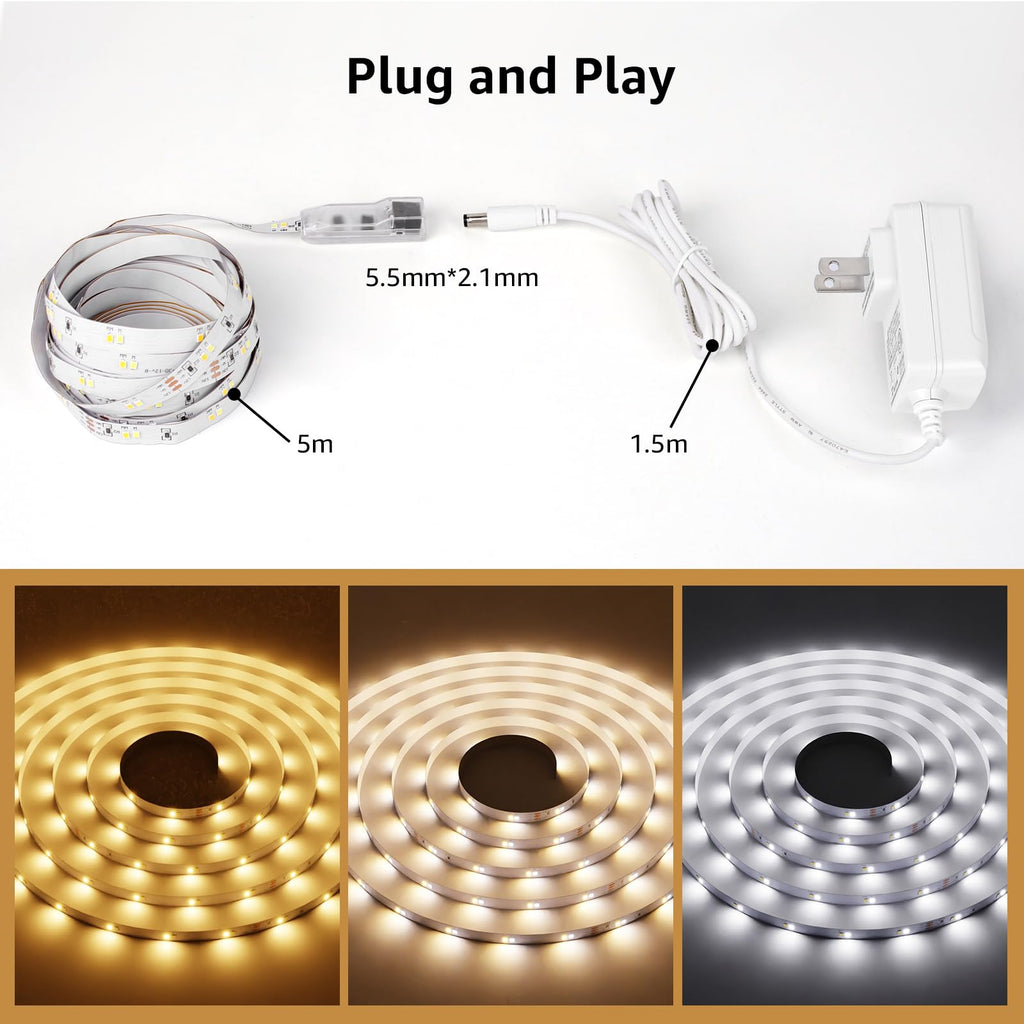 Lepro LED Tunable White Strip Light, Warm to Cool White, 16.4ft Dimmable Bright LED Tape Lights, 300 LEDs 2835, Strong 3M Adhesive, Not Cuttable, Suitable for Christmas Decorations, Home, Bedroom