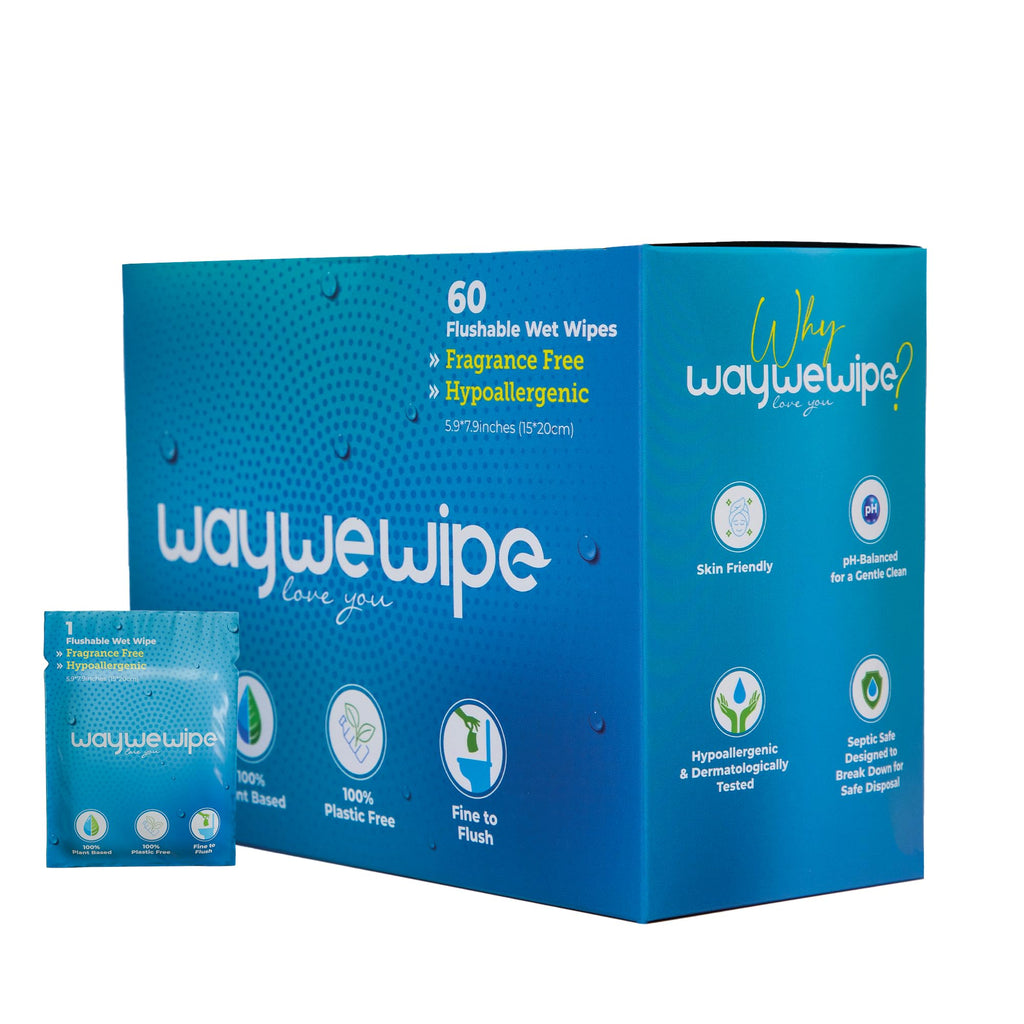 Waywewipe On-The-Go Flushable Wet Wipes, 60 Count XL Individually Wrapped Adult Wipes, Hypoallergenic 100% Plant Based Septic Safe, Travel Size Cleansing Cloth for Men & Women, Fragrance Free (60 Ct)