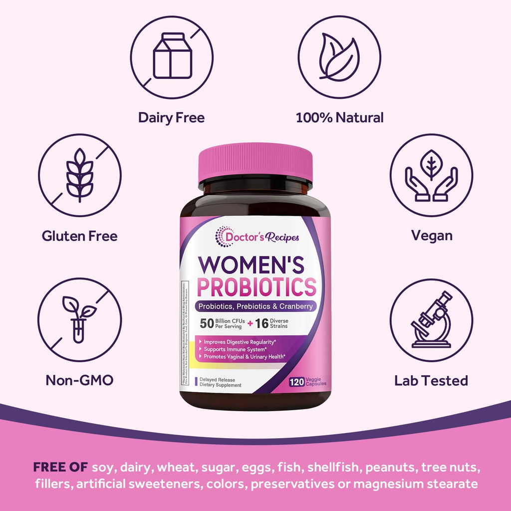 Doctor's Recipes Women's Probiotic, 120 Caps 50 Billion CFU 16 Strains, with Organic Cranberry, Digestive Immune Vaginal & Urinary Health, Shelf Stable, Delayed Release, No Soy Gluten Dairy