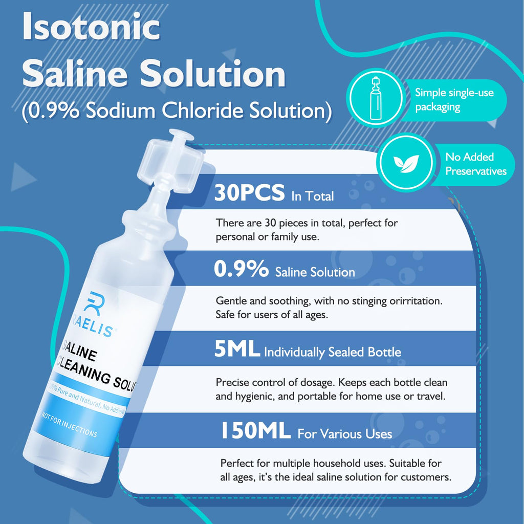 RAELIS Saline Solution, 150ml /5.28 FL OZ Normal Solution for Multiple Household Uses, 5ml Each, 30 per Box