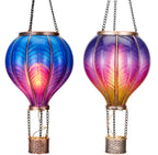 TERESA'S COLLECTIONS 2 Pack Hanging Solar Lantern Outdoor Garden Decor for Valentine,Waterproof Plastic Hot Air Balloon Purple Flickering Flame Effect Lantern for Yard Tree Gift for Mom,18"
