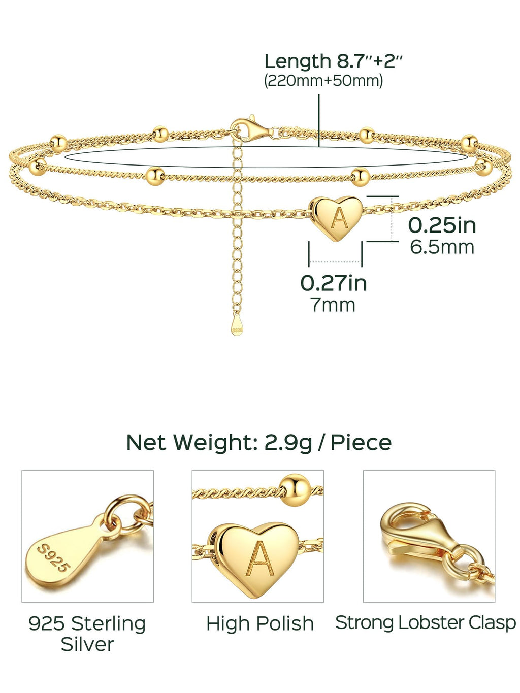ChicSilver Gold Ankle Bracelets for Women Waterproof 14k Gold Anklets for Women Dainty Heart Layered Initial Anklet With Letter M