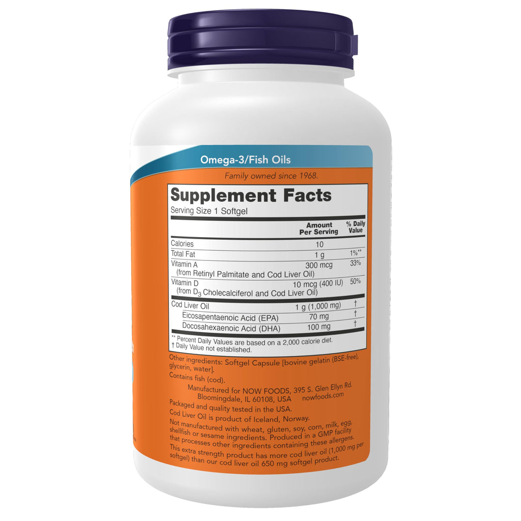 NOW Foods Supplements,Cod Liver Oil,Extra Strength 1,000 mg with Vitamins A & D-3,EPA,DHA,180 Softgels,(Pack of 2)
