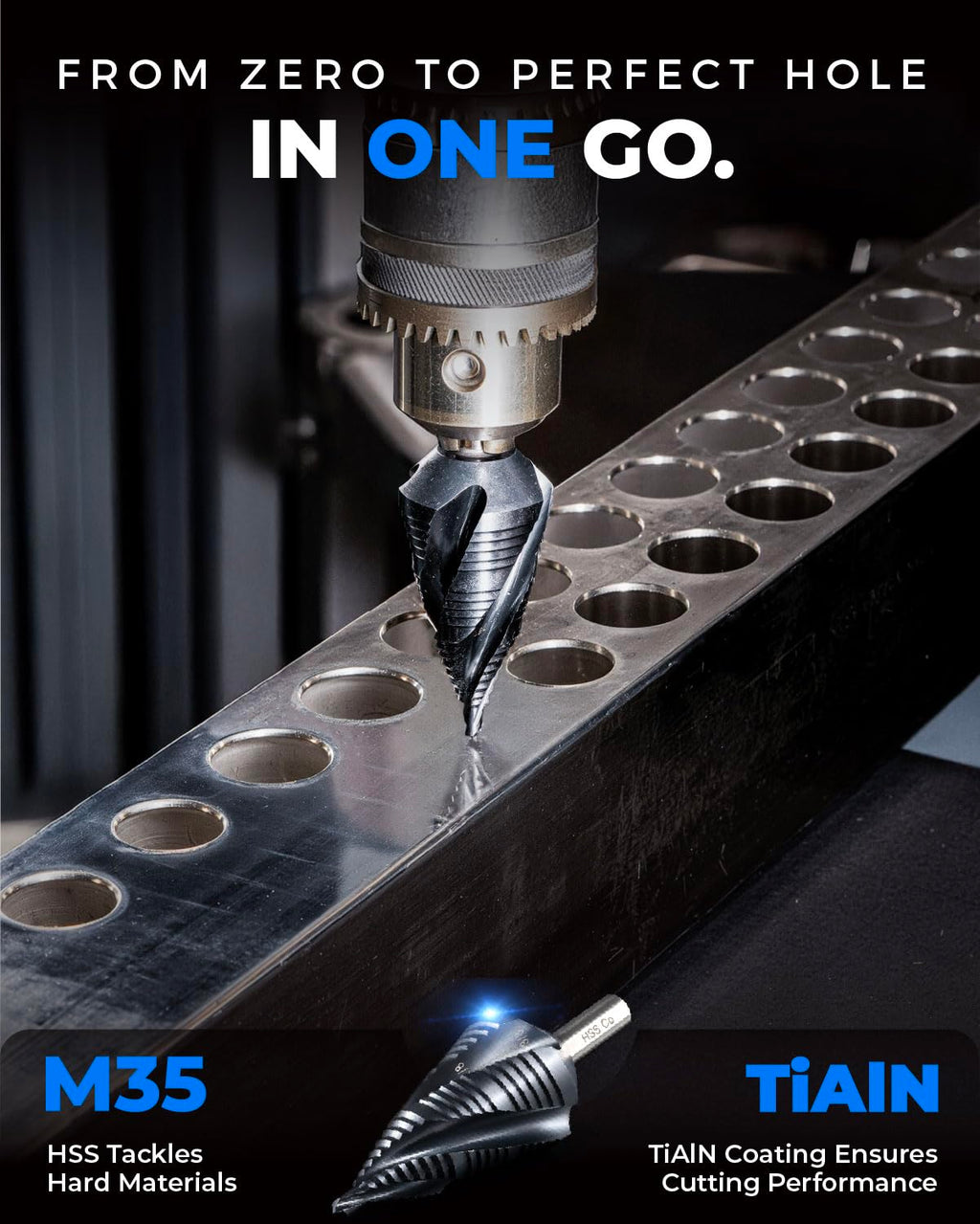 toolant Four Spiral Flute Cobalt Step Drill Bit(Pro), 1/4"-3/4" Impact Ready Unibit Step Drill Bit, 1/4" Hex Shank Step Bits for Metal, Stainless Steel, Aluminum, Plastic
