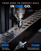 toolant Four Spiral Flute Cobalt Step Drill Bit(Pro), 1/4"-3/4" Impact Ready Unibit Step Drill Bit, 1/4" Hex Shank Step Bits for Metal, Stainless Steel, Aluminum, Plastic