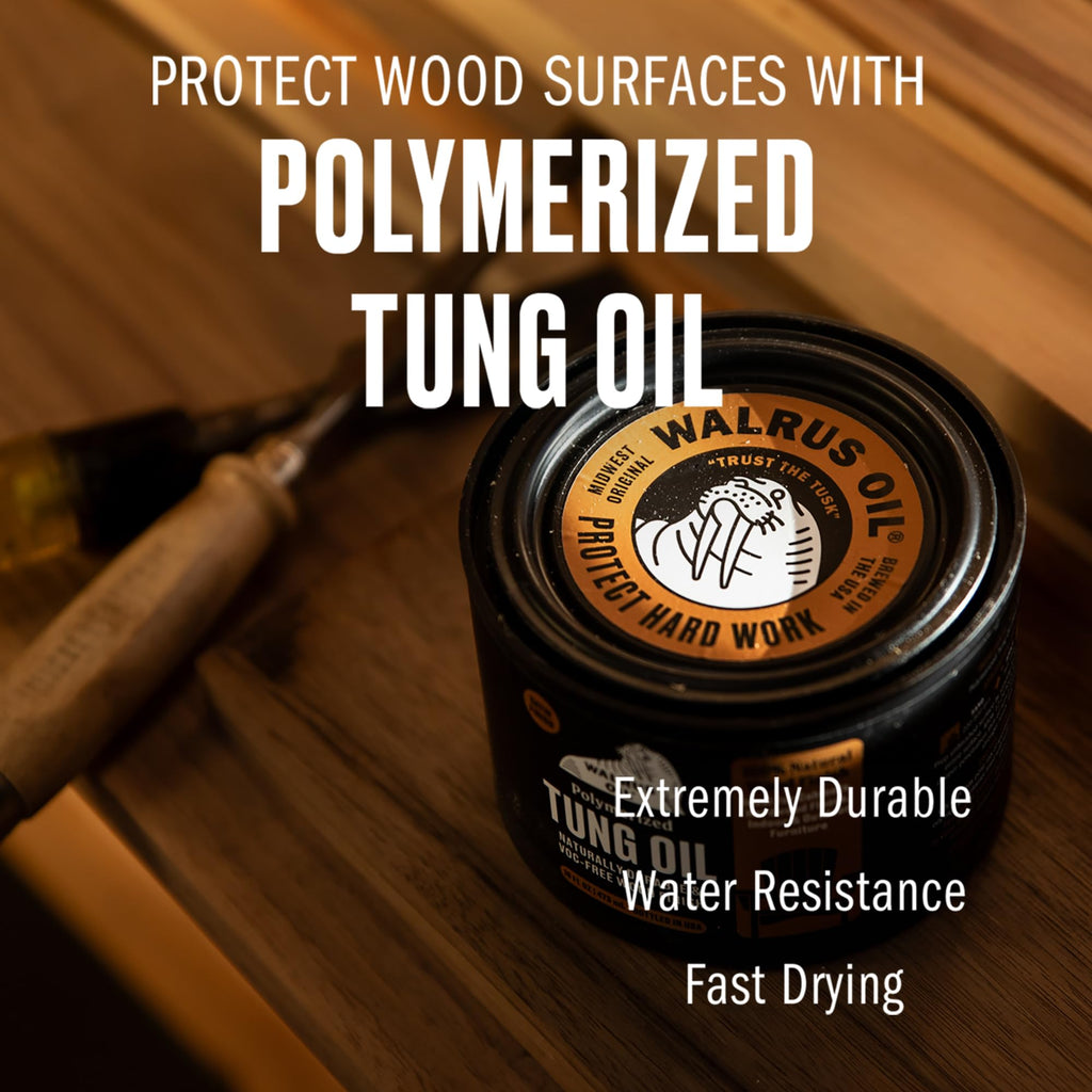 Walrus Oil - Polymerized Tung Oil. 100% Natural, VOC-Free, Heat Bodied, Fast Curing Wood Sealer and Finish. Food-Contact Safe, 16oz Can
