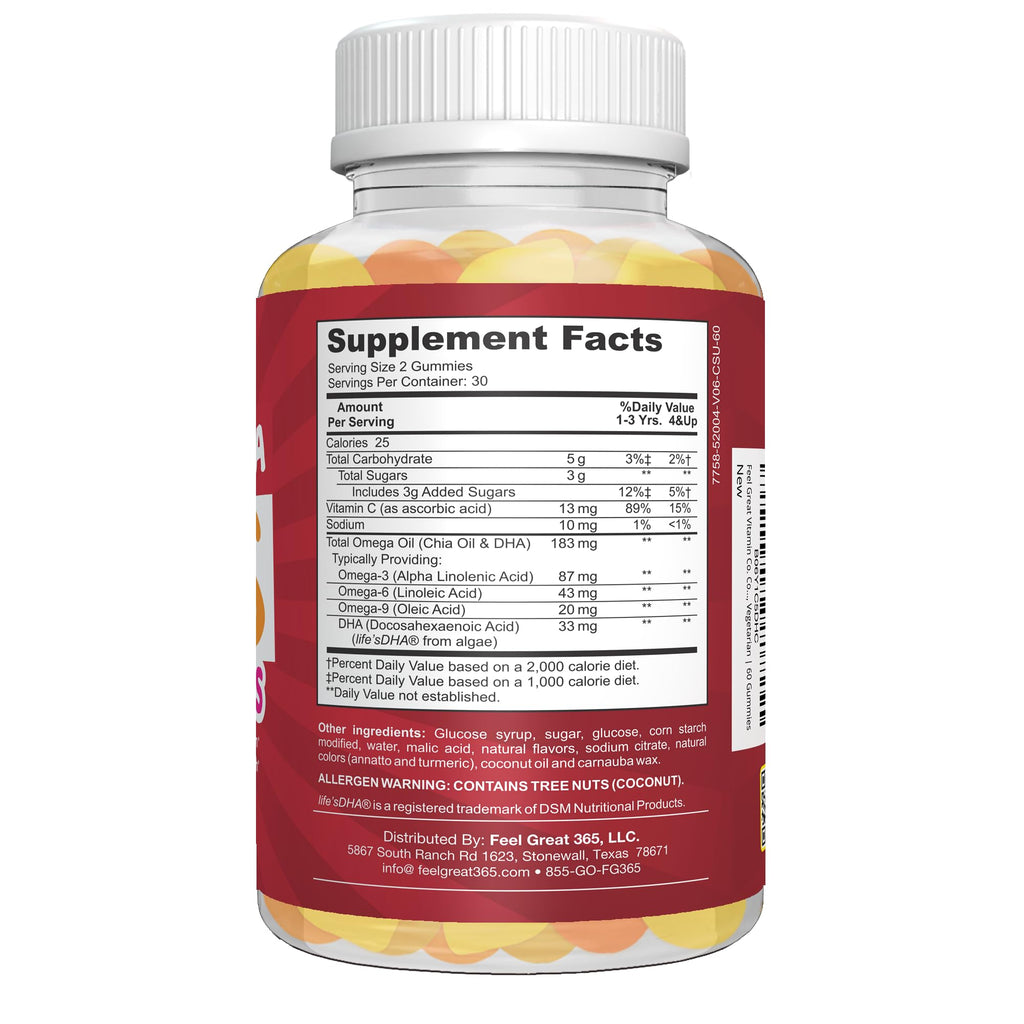 Feel Great Vitamin Co. Complete DHA Gummies for Kids | with Omega 3 6 9 + DHA, Vitamin C | Supports Healthy Brain Function, Vision & Heart Health | Gluten Free, Vegetarian | 60 Gummies
