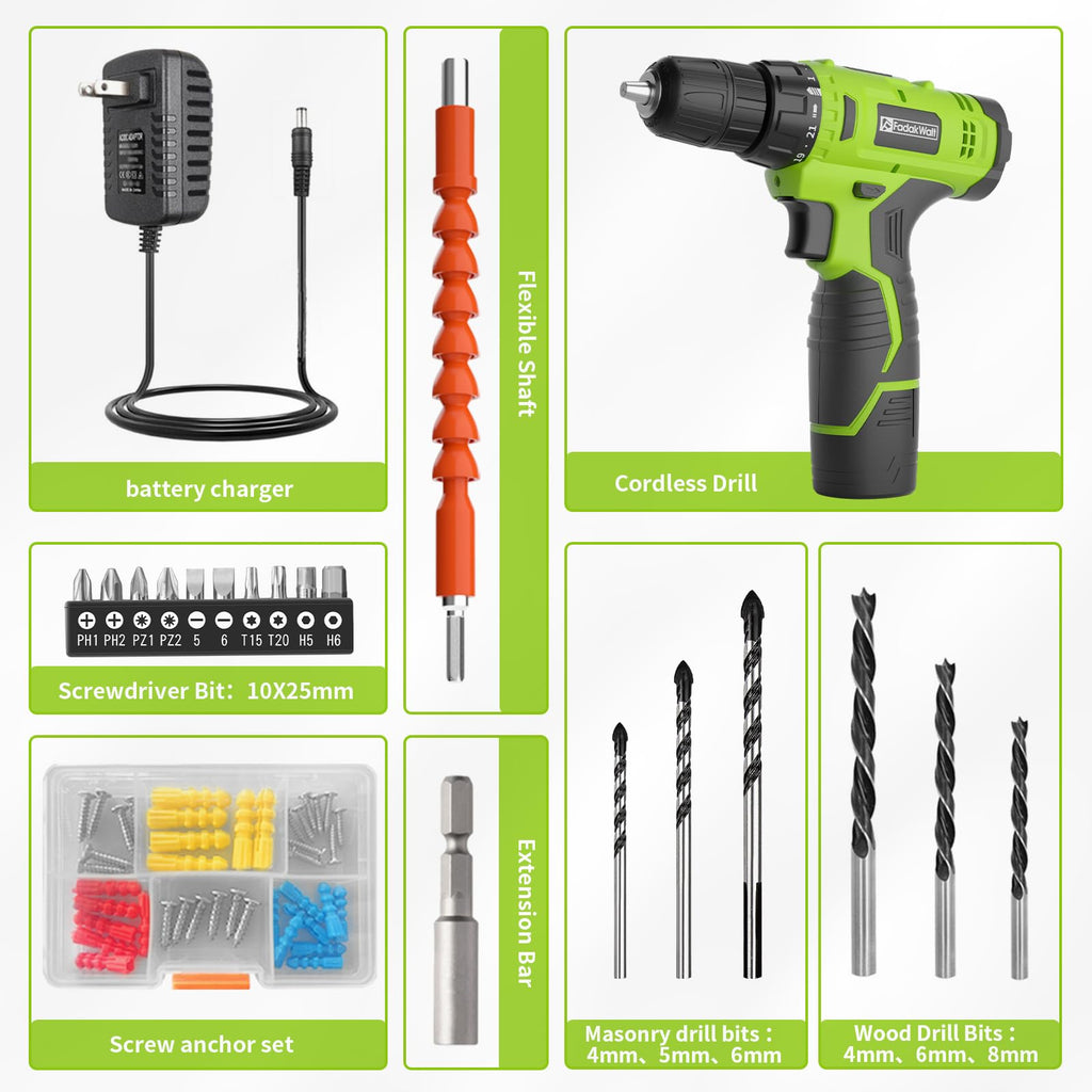 FADAKWALT Cordless Drill Set,12V Power Drill Set with Battery and Charger, Electric Driver/Drill Bits, 3/8'' Keyless Chuck,21+1 Torque Setting, 180 inch-lbs, with LED Electric Drill Set (Green)