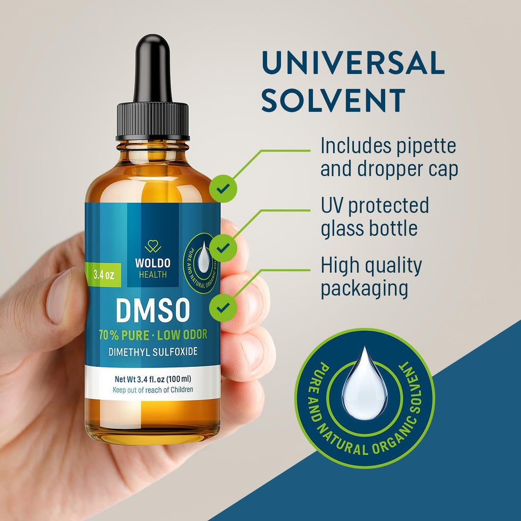 WoldoHealth DMSO 70% with Demineralized Water 30% - Pharmaceutical Grade Glass Bottle 3.38oz with Dropper