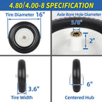GICOOL 16" Solid Wheelbarrow Tire, 4.80/4.00-8" Flat-Free Tire and Wheel, 6" Centered Hub, 5/8" Axle Bore Hole for Wheel Barrow Garden Utility Cart Replacement