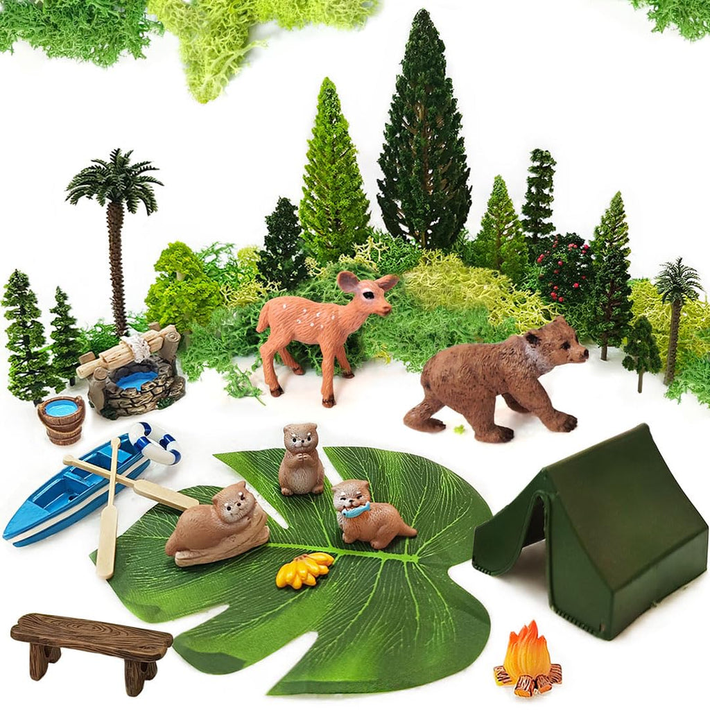 QuarenDen Miniature Garden Accessories, 32 Pcs, Model Scenery Kit, Forest Animal Figures with Model Trees Craft Grass for DIY Crafts, Micro Landscape Decoration