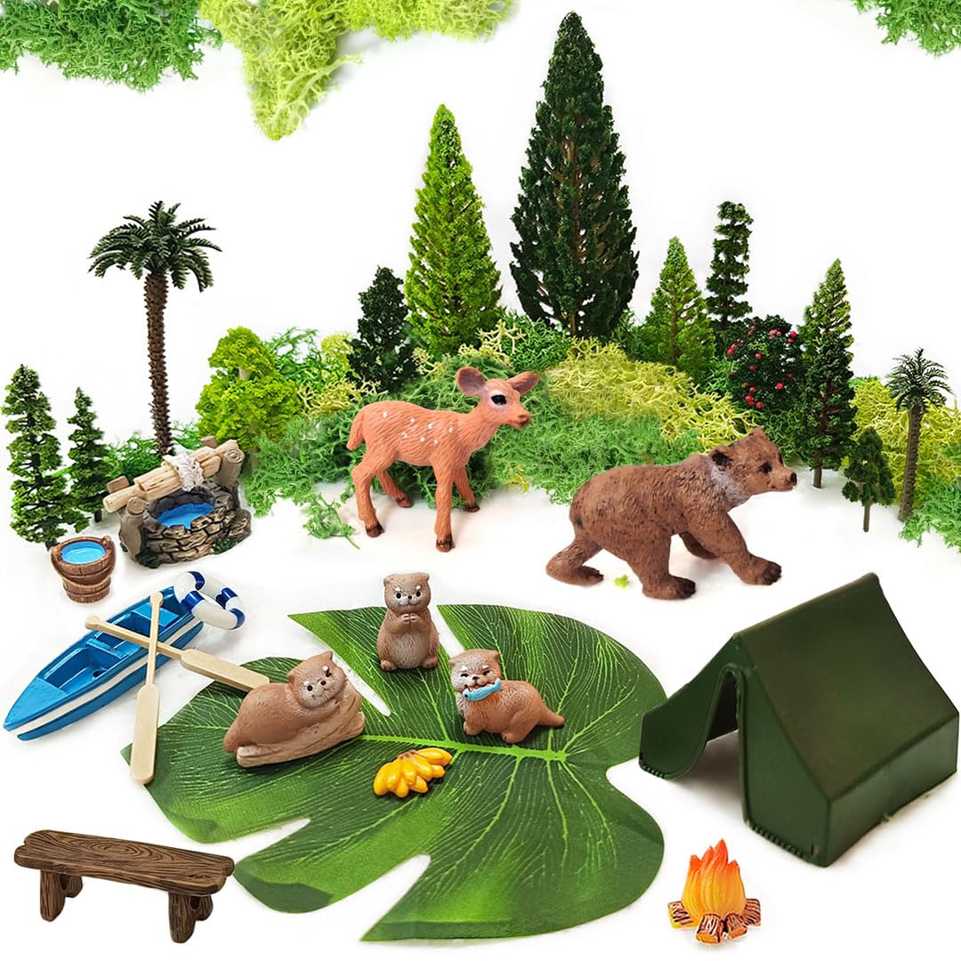 QuarenDen Miniature Garden Accessories, 32 Pcs, Model Scenery Kit, Forest Animal Figures with Model Trees Craft Grass for DIY Crafts, Micro Landscape Decoration