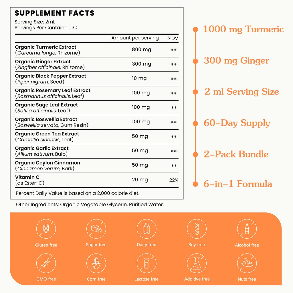 (4 Pack) Organic Turmeric Curcumin Supplement with Black Pepper and Ginger - Liquid Turmeric Extract Drops with Cinnamon, Rosemary - Mobility and Flexibility Support and Digestive Health - 1 Fl Oz